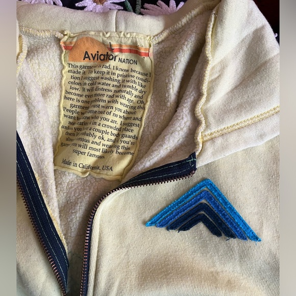 Aviator Nation Neon Yellow Blue Stripe Zip Up Hoodie - Picture 3 of 6